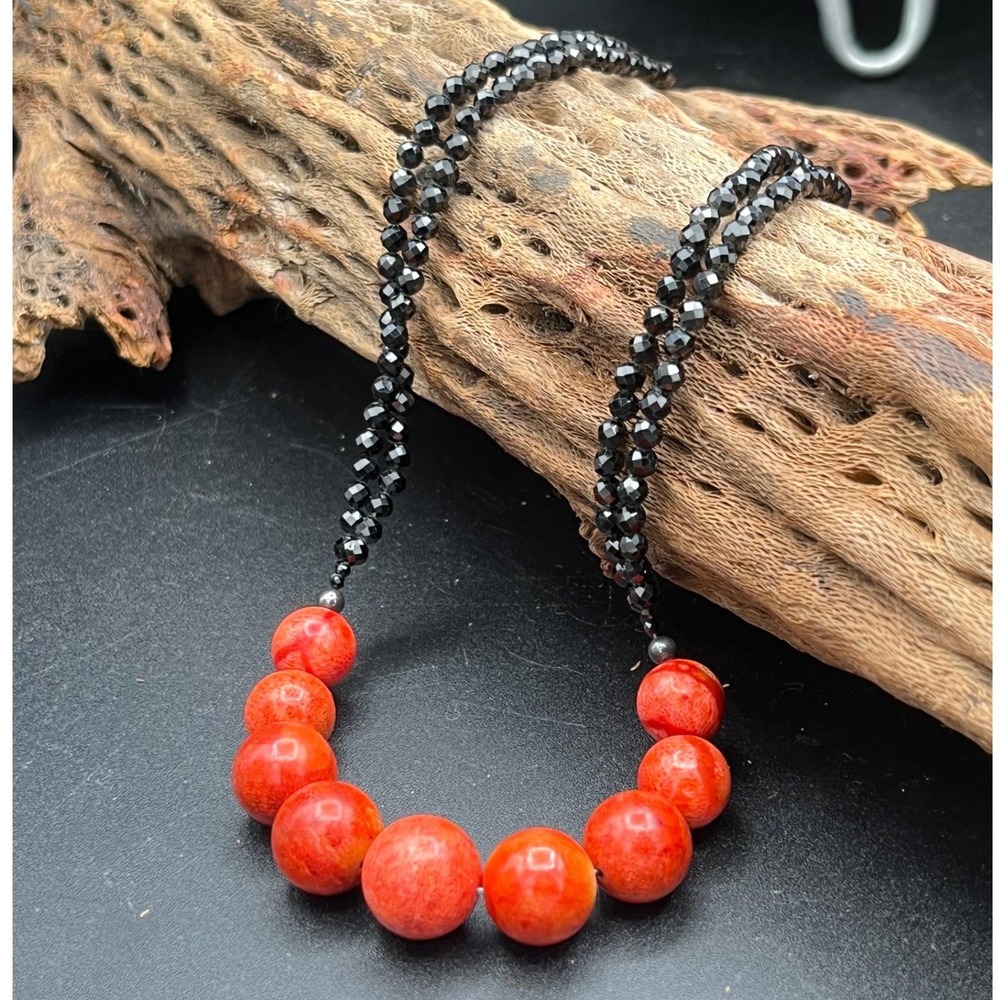 Jay King Desert Rose Trading Orange‎ Sponge Coral Black Spinel bead necklace 925